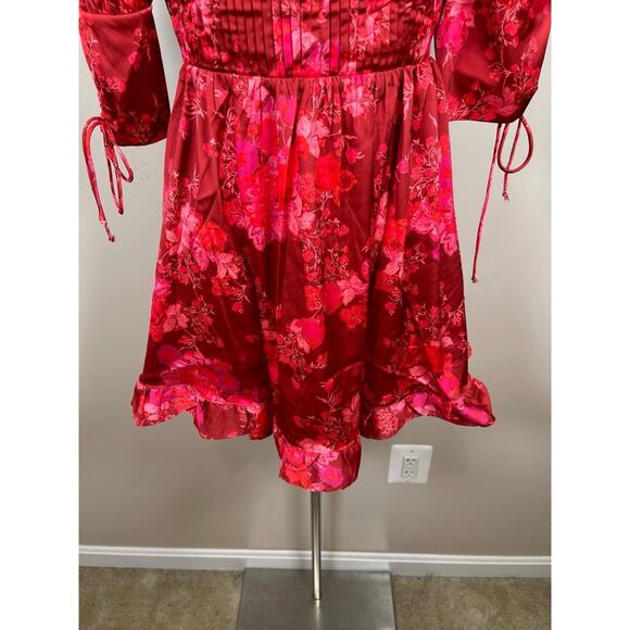 For Love & Lemons Alia Floral Puff Sleeve Tie Back Red Mini Dress Size XS - Picture 6 of 9